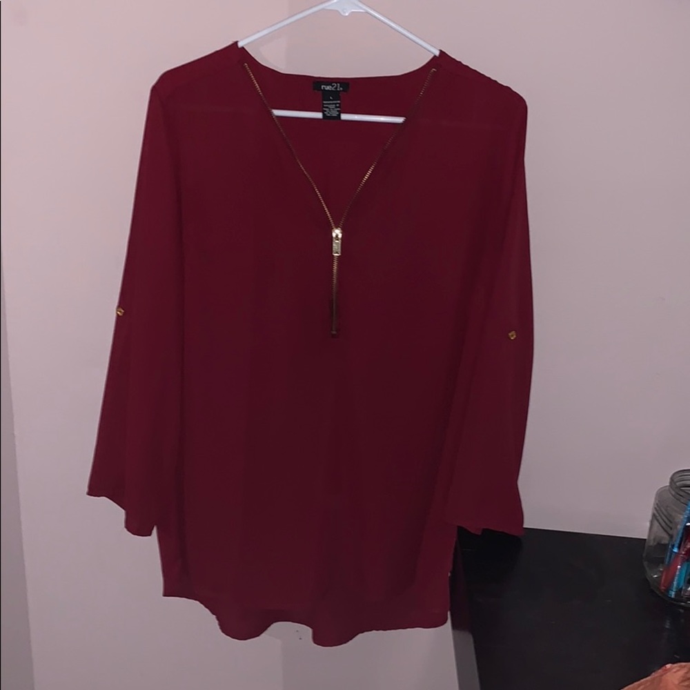 women’s maroon blouse with zipper neckline